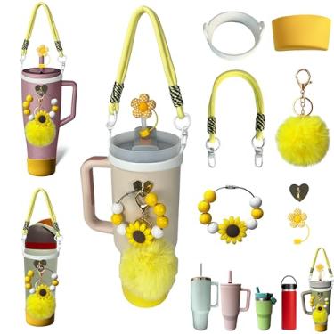 Imagem de Lindo conjunto de tampa de palha com pingente de girassol com alça para copo Stanley 20/30/1,134 g acessórios para Owala/BrüMate Era 24/32/1,134 g suporte de garrafa de água amarelo
