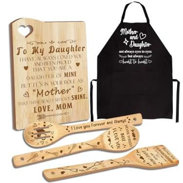 Imagem de Presente de filha da mãe, presentes de cozinha de Natal para filha, presente de aniversário, tábua de corte de madeira com conjunto de utensílios de cozinha com conjunto de avental, presente de ótima