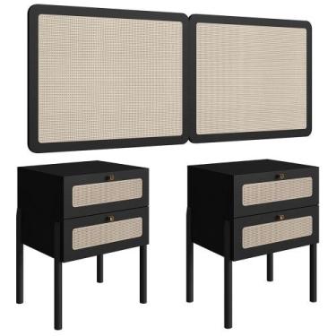 Imagem de Cabeceira Casal Queen e 2 Mesas Pés Madeira Arlo A10 Nero/Preto - Mpoz