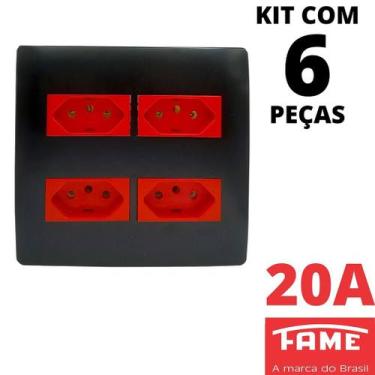 Imagem de 6un Tomada Padrão Quadrupla 2P+T 20A 4X4 Vermelha Com Placa Habitat Bl