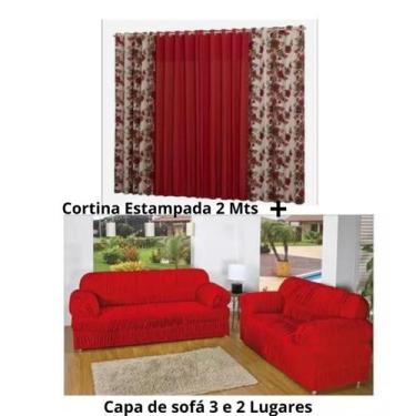 Imagem de Kit Capa De Sofá 2 E 3 Lugares + Cortina 2 Metros Rústica Vermelha Est