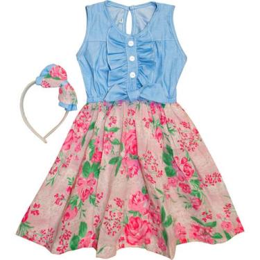 Imagem de Vestido Infantil Menina Jeans Saia Florida Festa Ano Novo - ANJO DA MA