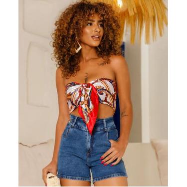 Imagem de Shorts jeans mom feminino cintura alta detalhe de fivela no cós 24270 