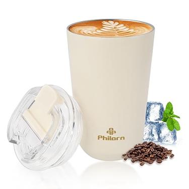 Imagem de PHILORN Caneca de café de viagem, copo de café - 350 ml isolado com tampa, caneca de café de aço inoxidável branca com parede dupla, copo térmico para bebidas quentes e frias