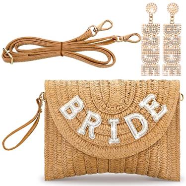 Imagem de Silkfly Bolsa de ombro de palha para noiva, bolsas de praia com strass, brincos de noiva, tecido transversal, bolsa de verão, envelope de palha, para presentes de festa de noiva, Caqui
