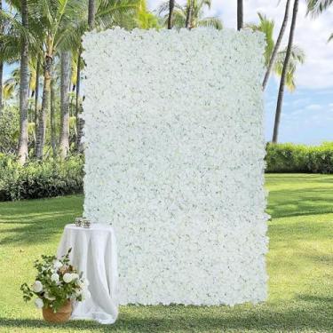 Imagem de LJIE-House Painéis de parede de flores brancas 1,8 m x 1,6 m de seda artificial hortênsia floral decoração de parede para festa de casamento, chá de bebê, fundo de foto de noiva