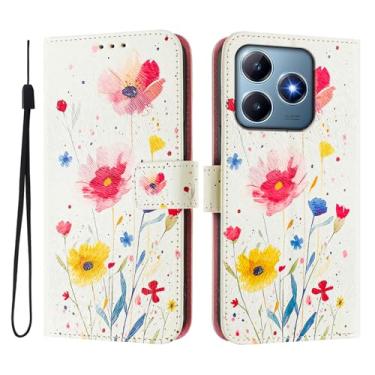 Imagem de Capa carteira para Realme C61 4G, 3 compartimentos para cartão, 1 compartimento para dinheiro, capa flip de couro PU com padrão fofo, capa com fivela magnética à prova de choque, compatível com sem