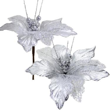 Imagem de Kit 12 Flores Artificiais Decoração Natal Glitter Prata 30cm - Genéric