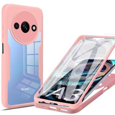 Imagem de CCSamll Capa transparente para Xiaomi Redmi A3 2024 com protetor de tela, capa protetora de corpo inteiro TPU macio resistente à prova de choque capa de telefone para Xiaomi Redmi A3 QC rosa