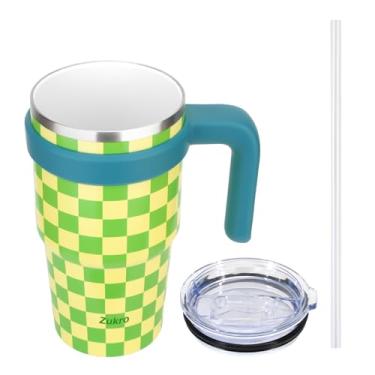 Imagem de Zukro Copo isolado com revestimento interior cerâmico com alça, sem sabor metálico, copo de café de parede dupla de aço inoxidável a vácuo de 590 ml com tampa e canudo, livre de BPA e pode ser lavado