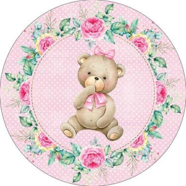 Imagem de Painel De Festa Redondo 1,50x1,50 - Ursinha Delicada Rosa Floral 022 -