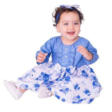 Imagem de Roupa de Bebê Menina Vestido Manga Longa com Tiara 100% Algodão - Mund