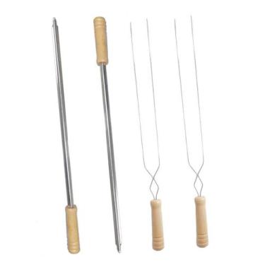 Imagem de kit 4un Espeto Simples e duplo Inox Cabo madeira 65cm aço - Araminas