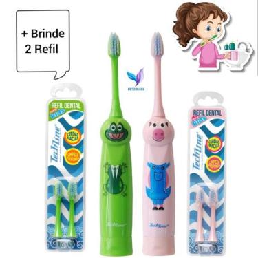 Imagem de Escova Dental Infantil Elétrica Techline + 2 Refis Extras, Rosa porco