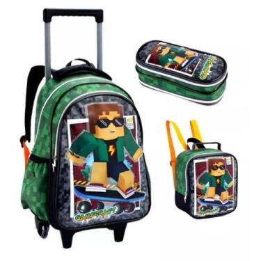 Imagem de Kit Mochila Rodinhas Lancheira Estojo Infantil Escolar Minecraft Gamer