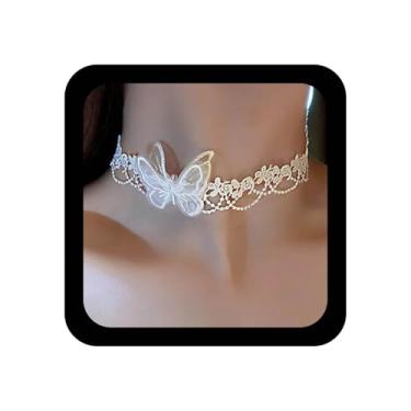 Imagem de YienDoo Colar gargantilha vintage de renda branca gótica com estampa de renda sexy borboleta borla gargantilha de renda Lolita colar para casamento, noiva, dama de honra, bijuteria para mulheres e