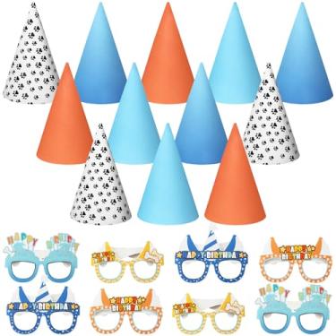 Imagem de RoundFunny 24 Pcs Blue Family Happy Birthday Party Supplies Includes 12 Party Cone Hats and 12 Party Sunglasses for Teens and Adults Birthday Party, Blue Dog Puppy Theme Party Baby Shower Decorations