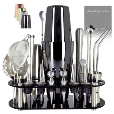 Imagem de KCJLHGT Conjunto de Coqueteleira de 22 Peças, Kit de Barman de 27/20 Onças, Conjuntos de Ferramentas de Bar de Aço Inoxidável para Misturar Bebidas, Coqueteleiras Boston com Suport (Preto-27-20Oz)