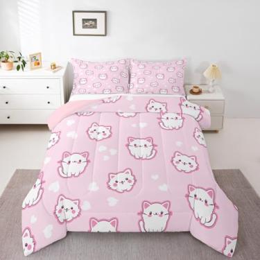 Imagem de Feelyou Conjunto de cama solteiro com estampa de gatos, para crianças, meninos, meninas, fofo, desenho animado, gato, gato, presente rosa