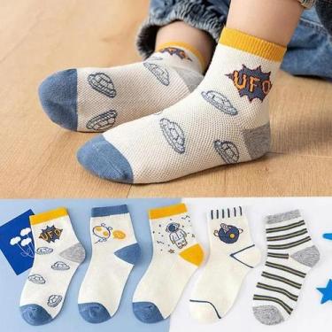 Imagem de Meias de Algodão para Crianças - 5 Pares, Flores, Cores Sólidas - Verã