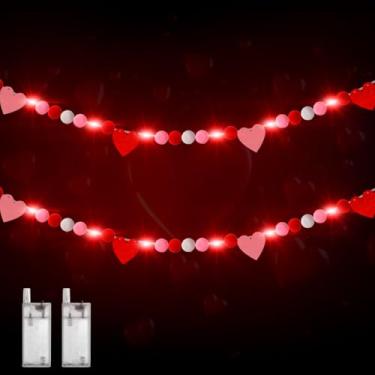 Imagem de 2 peças de banner de feltro de coração de dia dos namorados com luzes LED vermelho rosa branco faixa de feltro de coração dia dos namorados pompom guirlanda de bola de pompom para dia dos namorados