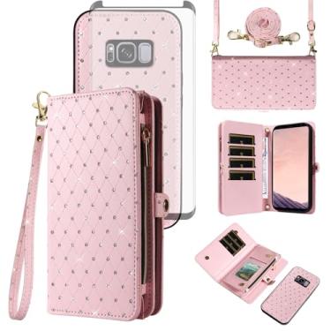 Imagem de Asuwish Capa de celular para Samsung Galaxy S8 Plus com zíper carteira celular com protetor de tela de vidro temperado alça de cordão flip com glitter slot para cartão S8plus S 8 8plus 8S Edge S8+