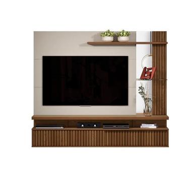 Imagem de Painel Suspenso Detalhe Ripado Sala Estar TV Até 60 Polegadas Porta Ripada 2 Prateleiras 1 De Vidro Maragogi