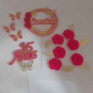 Imagem de Topo de Bolo 15 anos Pink e Dourado personalizado - MIWL ART