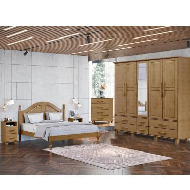 Imagem de Conjunto Quarto: Guarda-Roupa 5 Portas Cama Queen Cômoda 4 Gavetas 2 Mesas Cabeceiras Freijó Ouro Madeira Pinus - Finestra