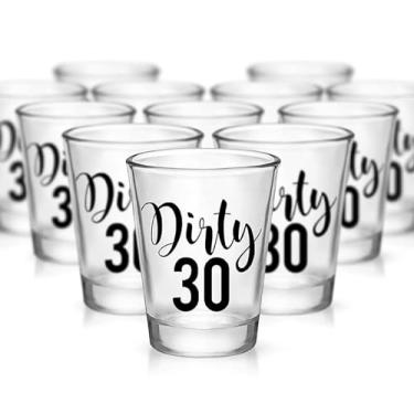 Imagem de Conjunto de 12 copos de shot Dirty Thirty para festa de 30 anos com 30º aniversário e estampa preta Dirty Thirty, perfeito para festas de aniversário, decorações de aniversário