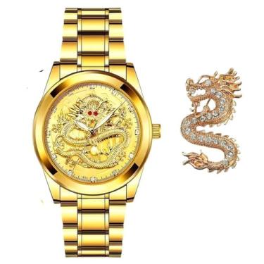 Imagem de Udaney Relógio de pulso masculino masculino dourado dourado dourado casual quartzo pulseira de aço inoxidável, Dourado, relógio dragão