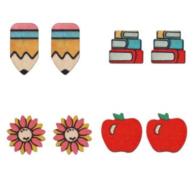 Imagem de 4 pares de brincos de professor para mulheres, lápis de madeira, livro de maçã, girassol, brincos de agradecimento de professores, presentes de volta às aulas, joias para presente, Metal, Sem pedra
