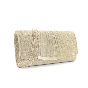 Imagem de FuninCrea Bolsa clutch feminina envelope para noite com corrente destacável, elegante bolsa clutch de lantejoulas para banquetes, Dourado, Medium