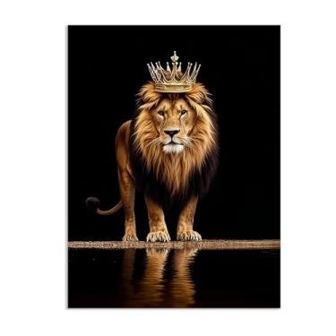 Imagem de SDYJ6GSW Arte de parede leão com coroa animal dourado preto coroado leão arte de parede para sala de estar decoração de escritório decoração de casa quarto masculino 40 x 30 cm (16 x 12 pol) sem