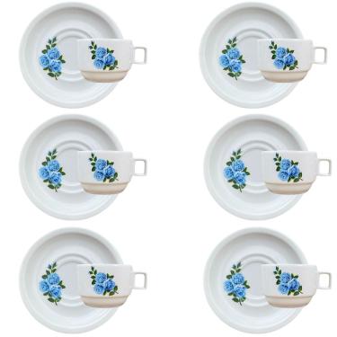 Imagem de Jogo 6 xícaras Café Chá c/ pires 200ml Empilháveis Flor Azul