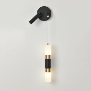 Imagem de Luminária de parede moderna preta, minimalista, LED, luminária de parede, cabeceira de alumínio, fio de luz de parede, ajustável, 3000K/4000K/6000K, tubo longo dourado de 18 W, iluminação mo