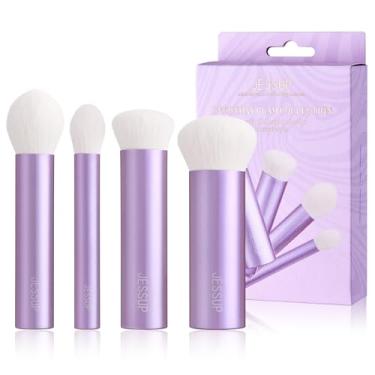 Imagem de Jessup Conjunto de 4 pincéis de maquiagem Kabuki para rosto para contorno de base, blush bronzeador e iluminador, fibra sintética premium livre de crueldade, roxo luxuoso T517