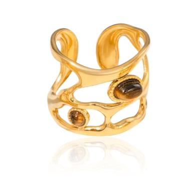 Imagem de Dikixe Anel aberto de pedra olho de tigre ocidental, pedra preciosa natural banhada a ouro 18 K, anel de declaração irregular vazado, acessórios de dia dos namorados, presentes para adultos unissex,