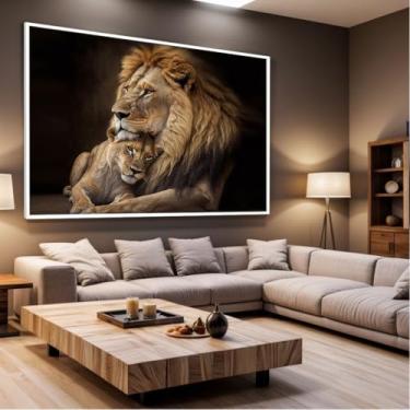 Imagem de Quadro Decorativo com Moldura Sala 130x90 Leão Leoa Família Luxo Grande Horizontal