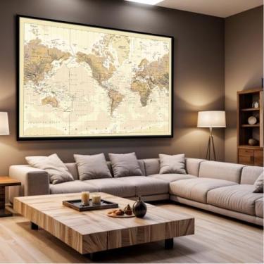 Imagem de Quadro Decorativo com Moldura Sala 90x60 Mapa Mundi Luxo Grande Horizontal