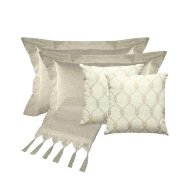 Imagem de Jogo De Peseira Para Cama King Artesanal Com Franjas Luxuosa Kit Completo (IANNES BEGE - CAPAS CORDA NÁUTICA)
