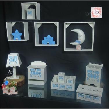 Imagem de Kit Higiene bebê mdf 8 pçs + 4 Nichos Brancos - coroa menino (Pronta Entrega)