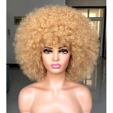 Imagem de HIHOO Peruca Afro Curta com Franja para Mulheres Negras Peruca Afro Kinky Curly 70s Premium Sintética Grande Perucas Afro (Louro, Tamanho da touca: 57-58 cm)