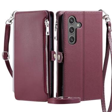 Imagem de HJZSZX Para Samsung A54 (5G) Lanyard Couro Zip Wallet Phone Case Flip Cover (Para Samsung A54 (5G)/Vermelho)