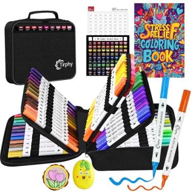 Imagem de Marcadores de tinta acrílica, 80 cores de ponta dupla com ponta fina e ponta de pincel canetas de tinta acrílica com livro de colorir adulto para pedra, madeira, tela, metal, cerâmica, tecido, pintura