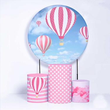 Imagem de Kit Painel de Festa Redondo e Trio de Cilindros Balão Rosa - Fera Print