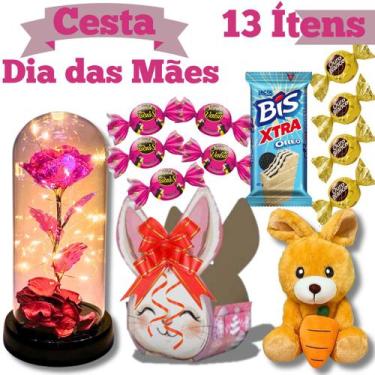 Imagem de Cesta de Presente Dia Das Mães Kit 13 ìtens com Flor Cúpula Rosa Encan