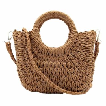 Imagem de Bolsa Praia Palha Sacola Mão Meia Lua Feminina Transversal Caramelo