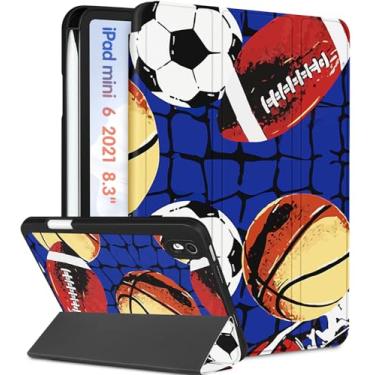 Imagem de Wazzasoft Capa para iPad Mini 6, para iPad Mini 6ª Geração, Capas Femininas, Meninos e Crianças, Capa Folio para Adolescentes Desenho de Bolas de Desenhos Animados, Suporte de Lápis Auto Sleep/Wake para Apple iPad 6 Mini Case 2021 8,3 Polegadas
