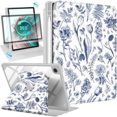 Imagem de Wazzasoft Capa para Samsung Galaxy Tab A8 de 10,5 polegadas com suporte para lápis, mulheres, meninas, adolescentes, kawaii, azul, floral, design exclusivo giratório, para Samsung A8 Tab